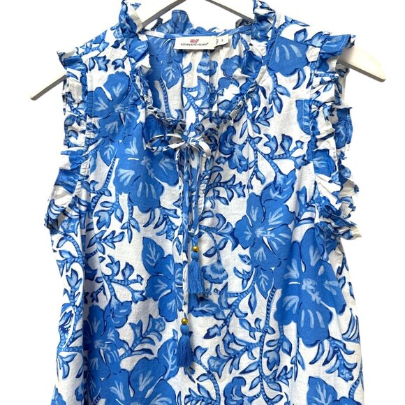 VINEYARD VINES Womens Top Size Small Blue White Floral Sleeveless Ruffle Blouse - Picture 3 of 8